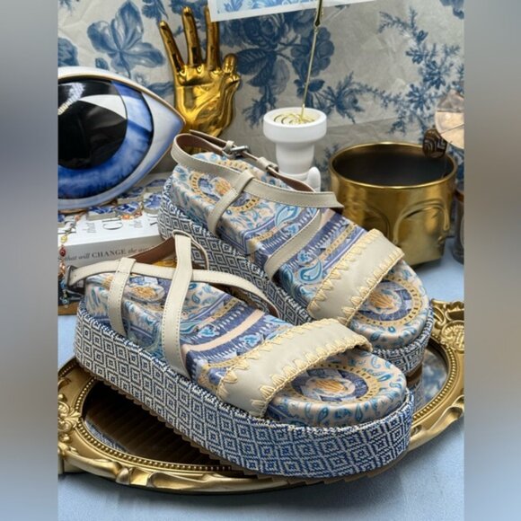 🆕 KURT GEIGER LONDON 🧿 NWOB Chelsea Flatform Sandal, Pale Blue Combo Sz 37 US7 - Picture 7 of 13